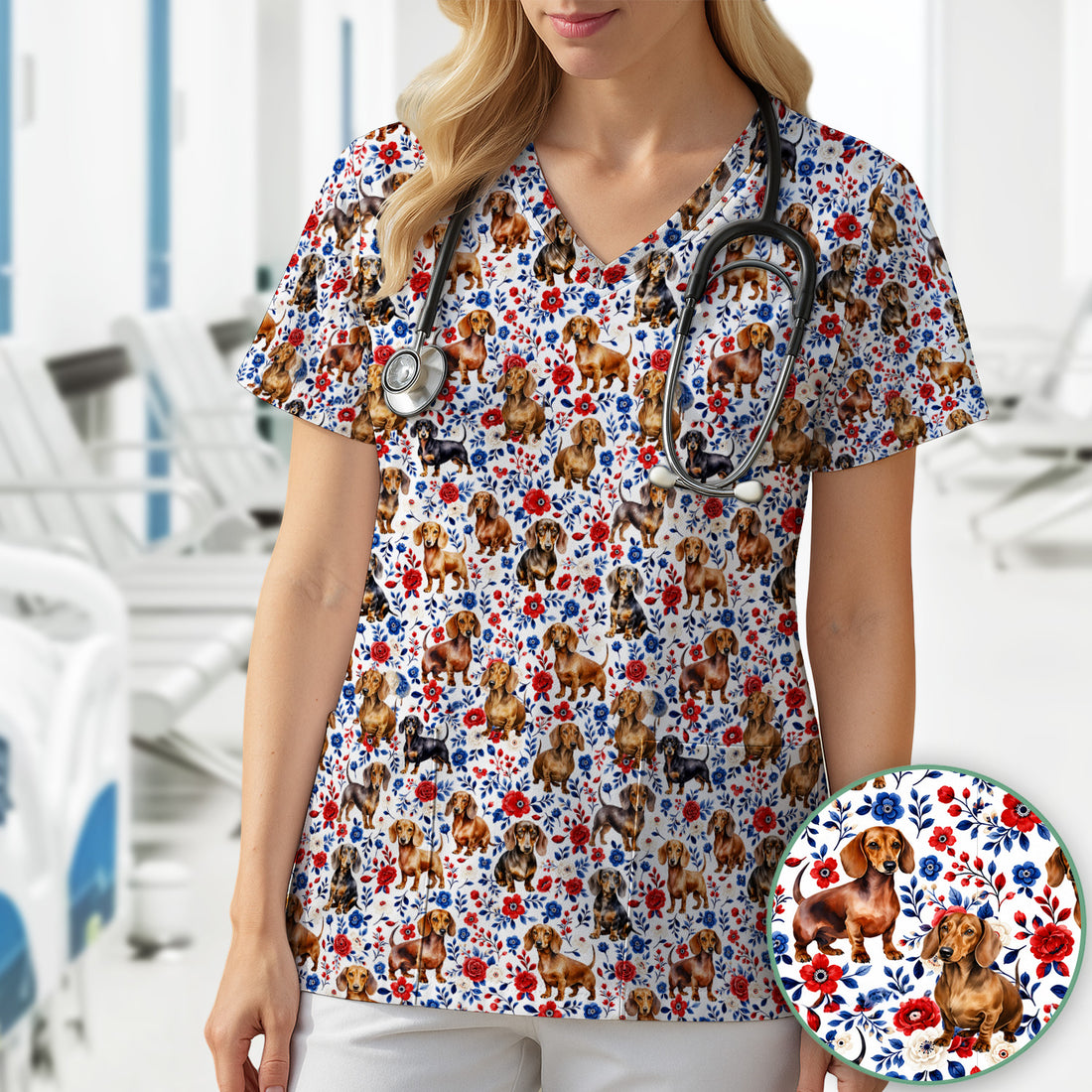 Floral Dachshund Nurse Scrub Top for RN, CNA, Veterinary Staff, Dog Lover Uniform