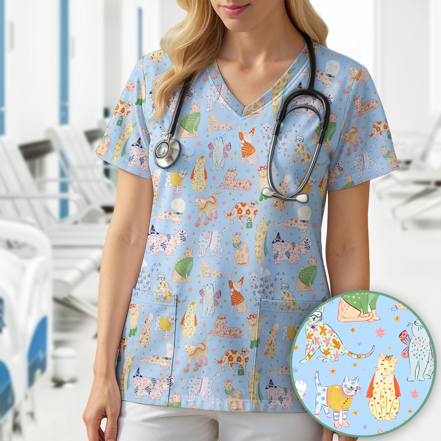 Colorful Pastel Cartoon Cats Print Scrub Top, Breathable Fabrics Nursing Uniform
