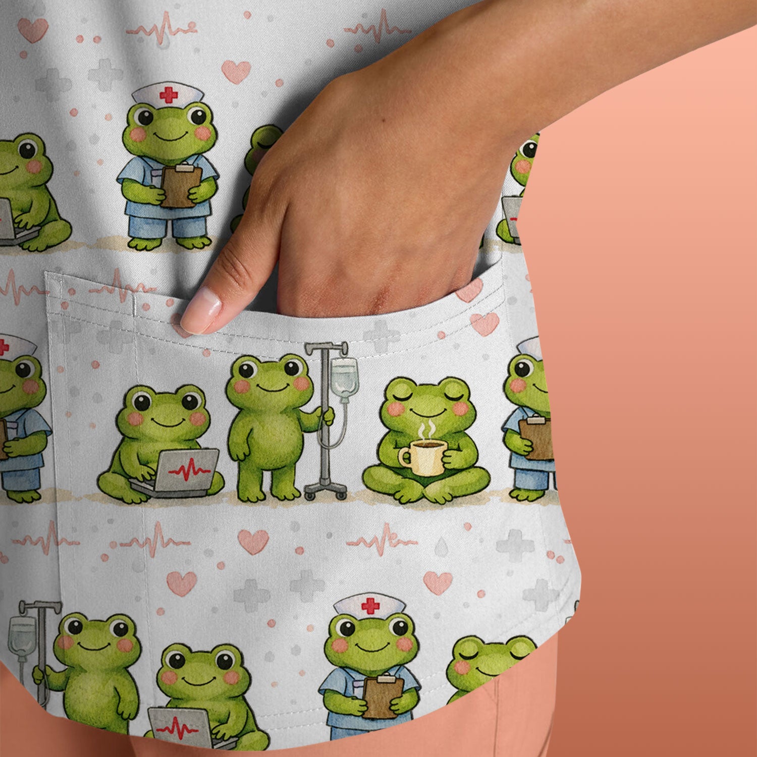 Adorable Frog Nurse Various Poses Print Scrub Top, Comfortable Scrubs for Nurses