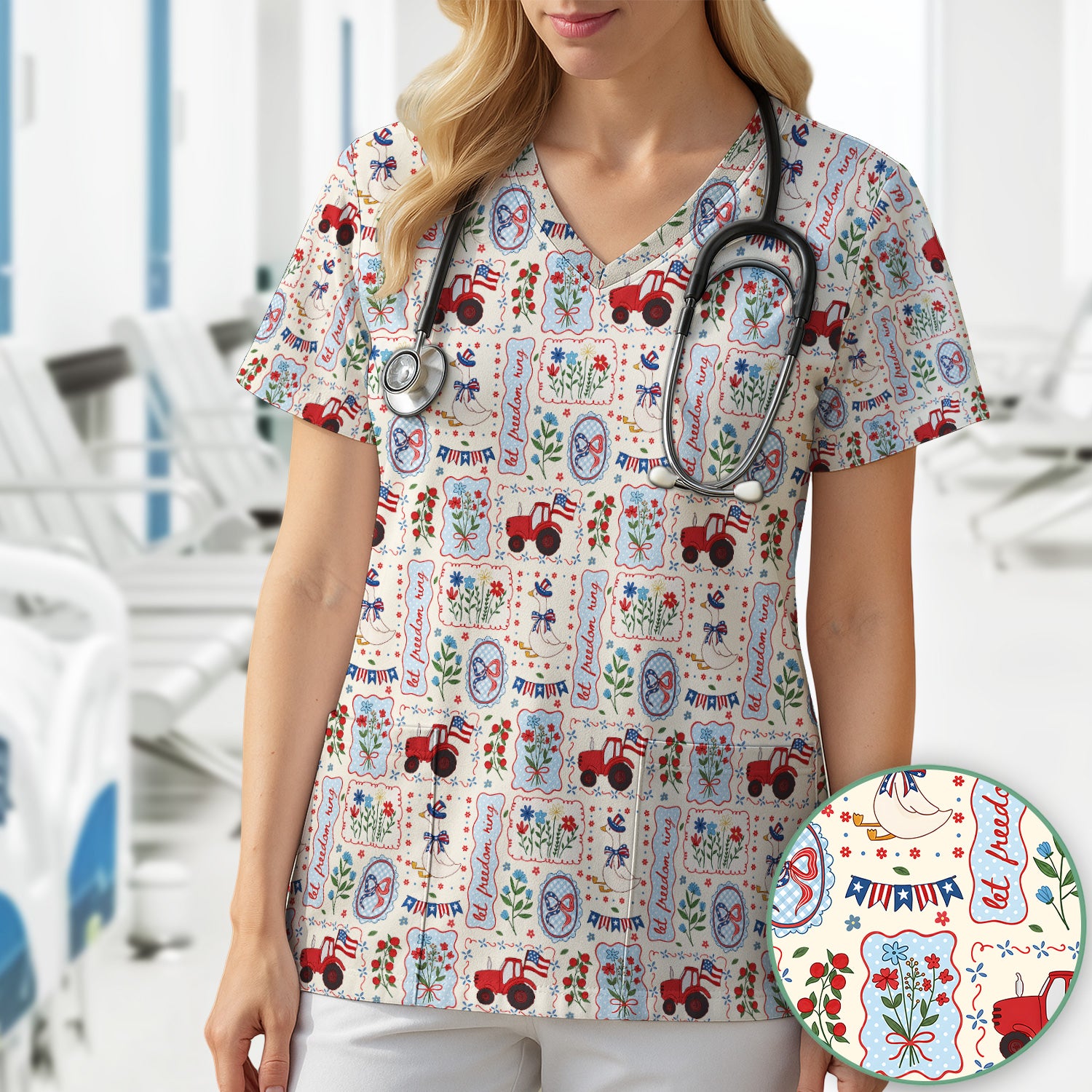 Patriotic Farm Goose Nurse Scrub Top for RN, CNA, Healthcare Workers, Americana Uniform Scrub Top, Comfortable Scrubs for Nurses