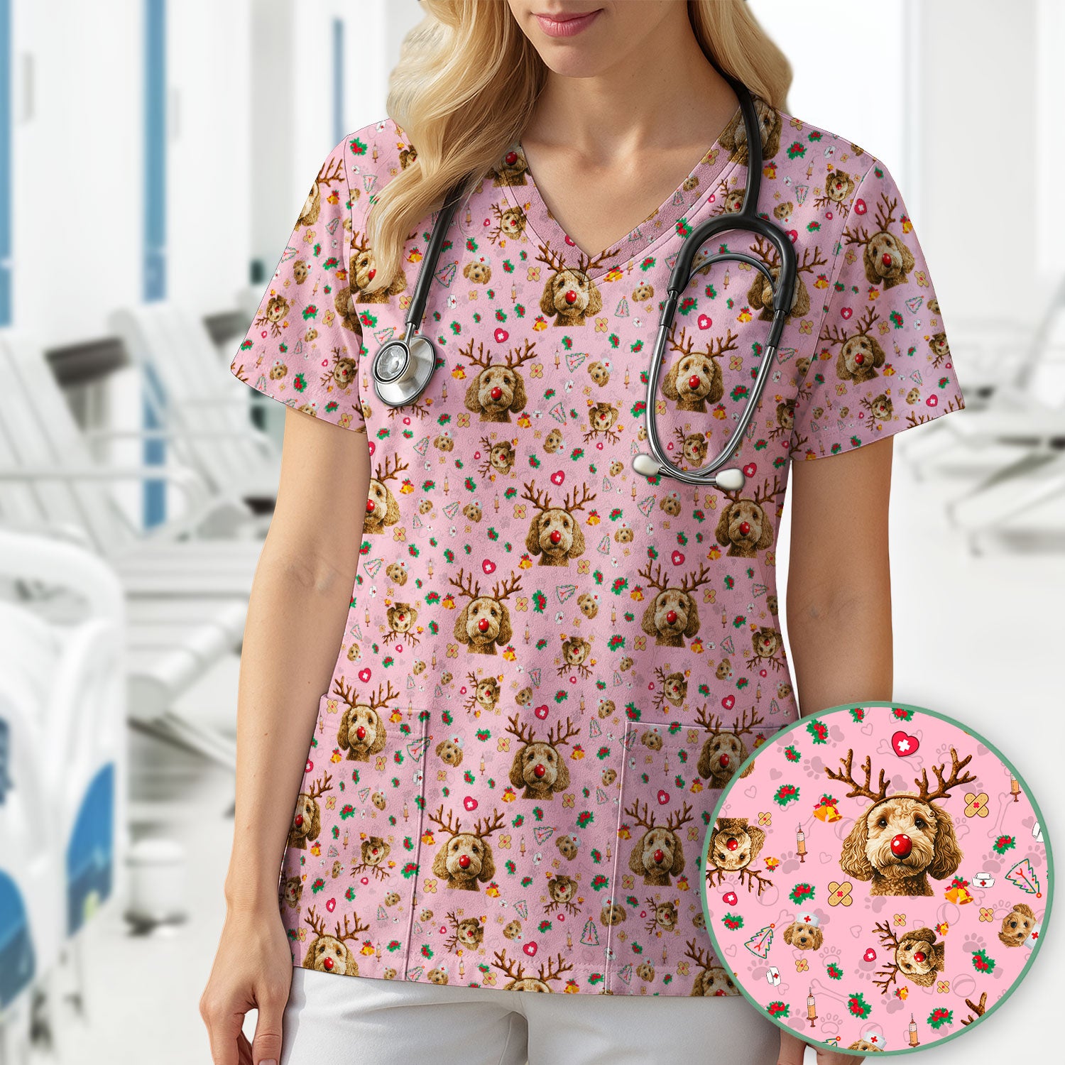 Labradoodle Reindeer Christmas Scrub Top - Funny Dog Nurse Shirt - Cute Holiday Medical Uniform for Women RN LPN CNA Gift