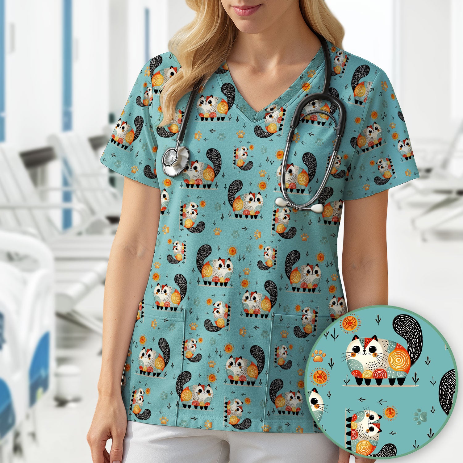 Playful Cat Illustration Nurse Scrub Top, Comfortable Scrubs for Nurses