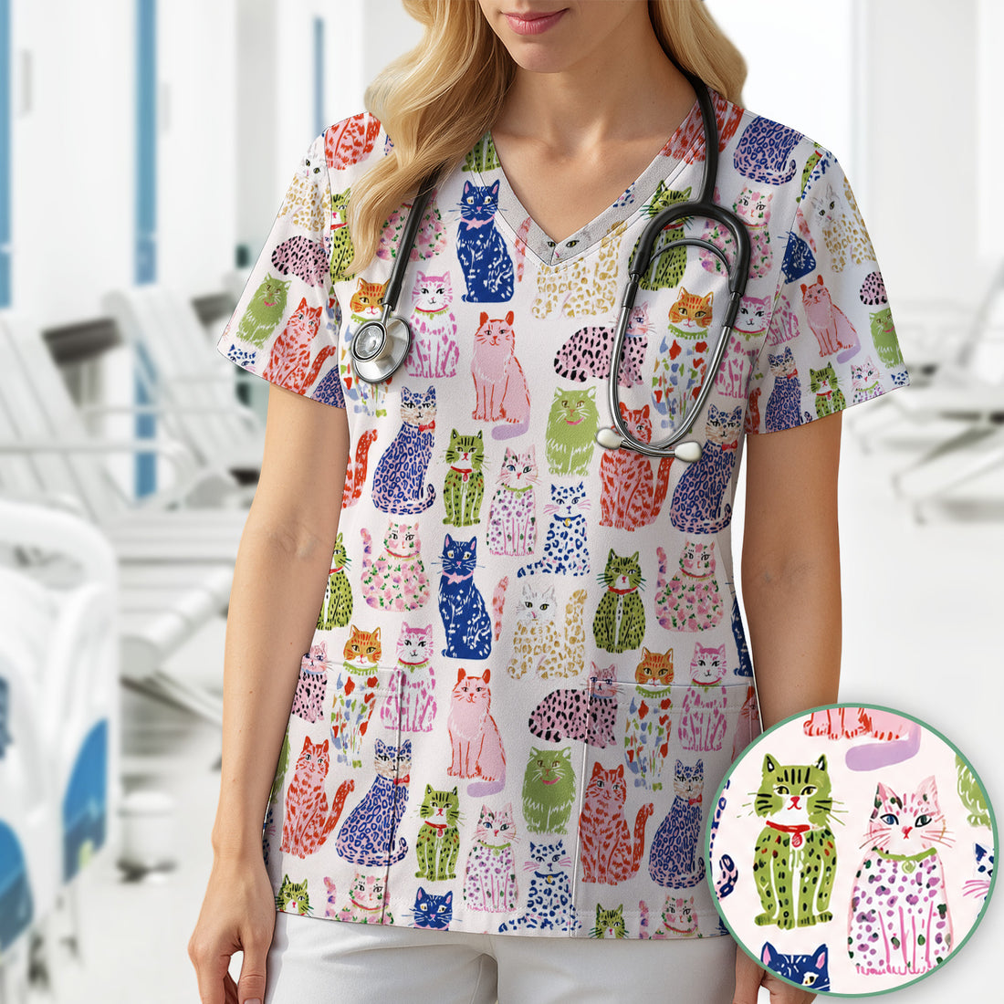 Colorful Cat with Playful Pet Scrub Top, Comfortable Scrubs for Nurses