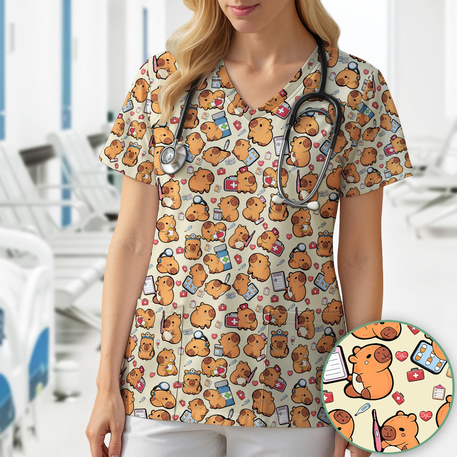 Capybara With Stethoscope And Medical Tools Seamless Scrub Top, Breathable Fabrics Nursing Uniform