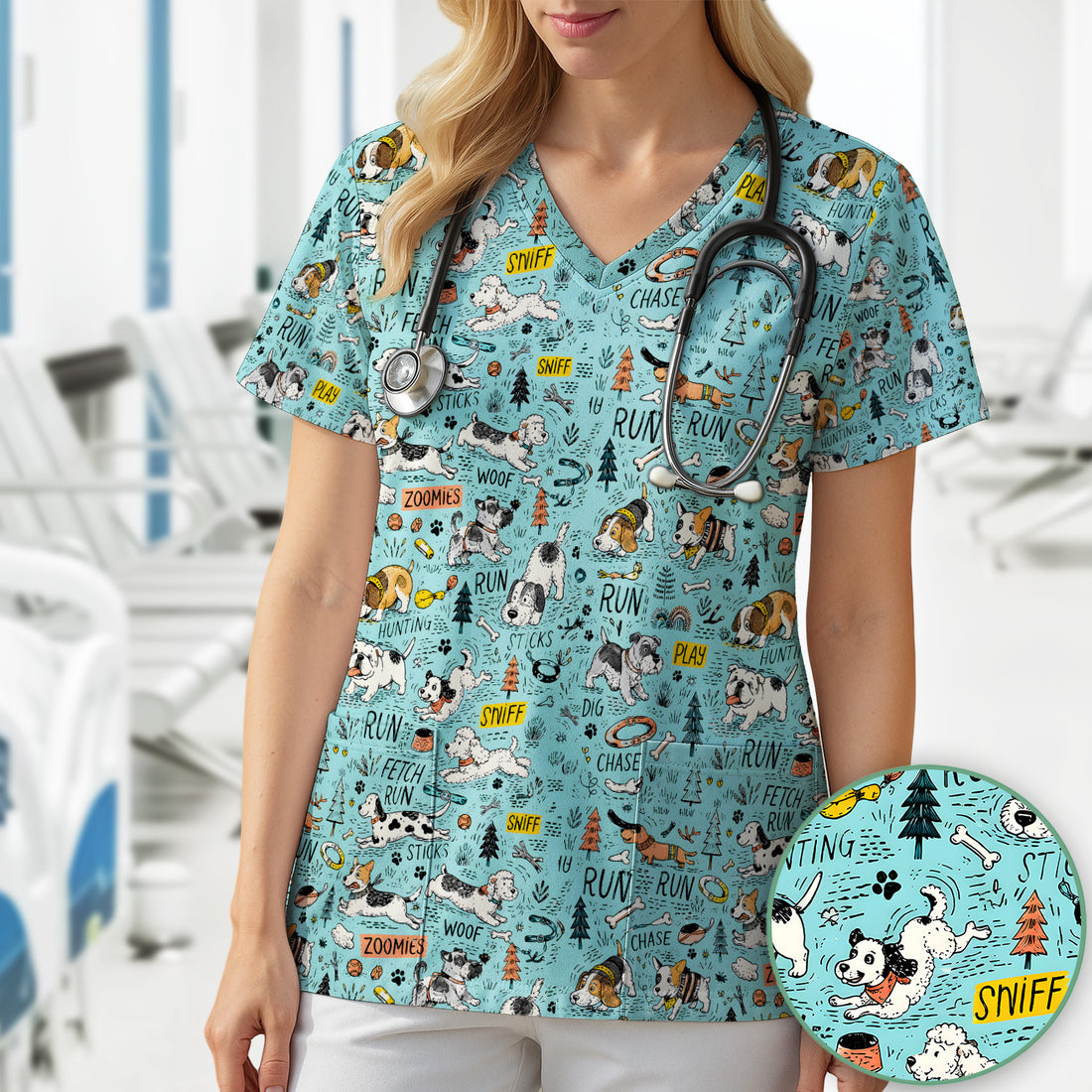 Playful Cartoon Puppy Adventure Pattern Scrub Top, Comfortable Scrubs for Nurses