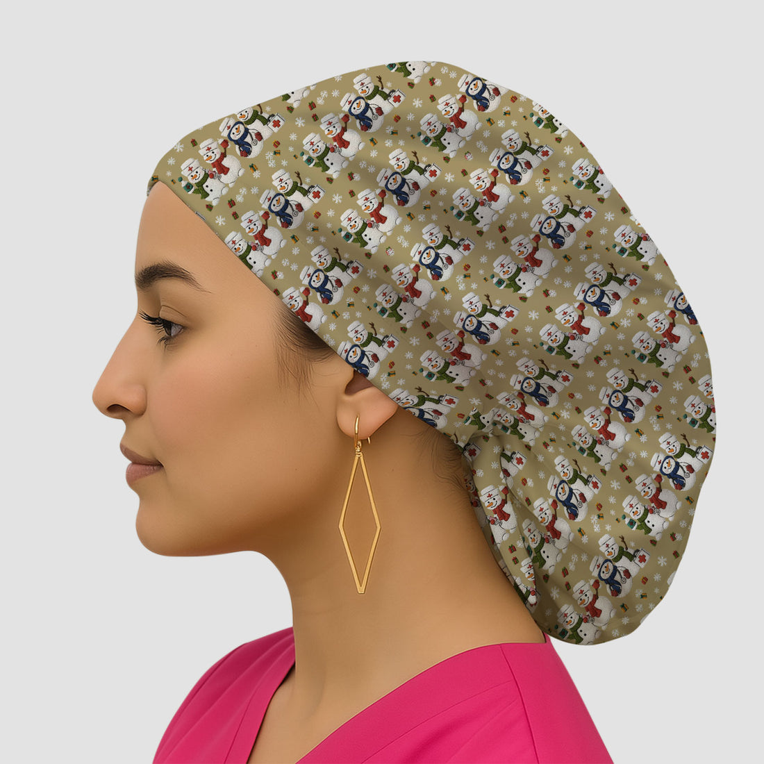 Cute Christmas Snowman Nurse Pattern Print Cap, Bouffant Scrub Caps for Women