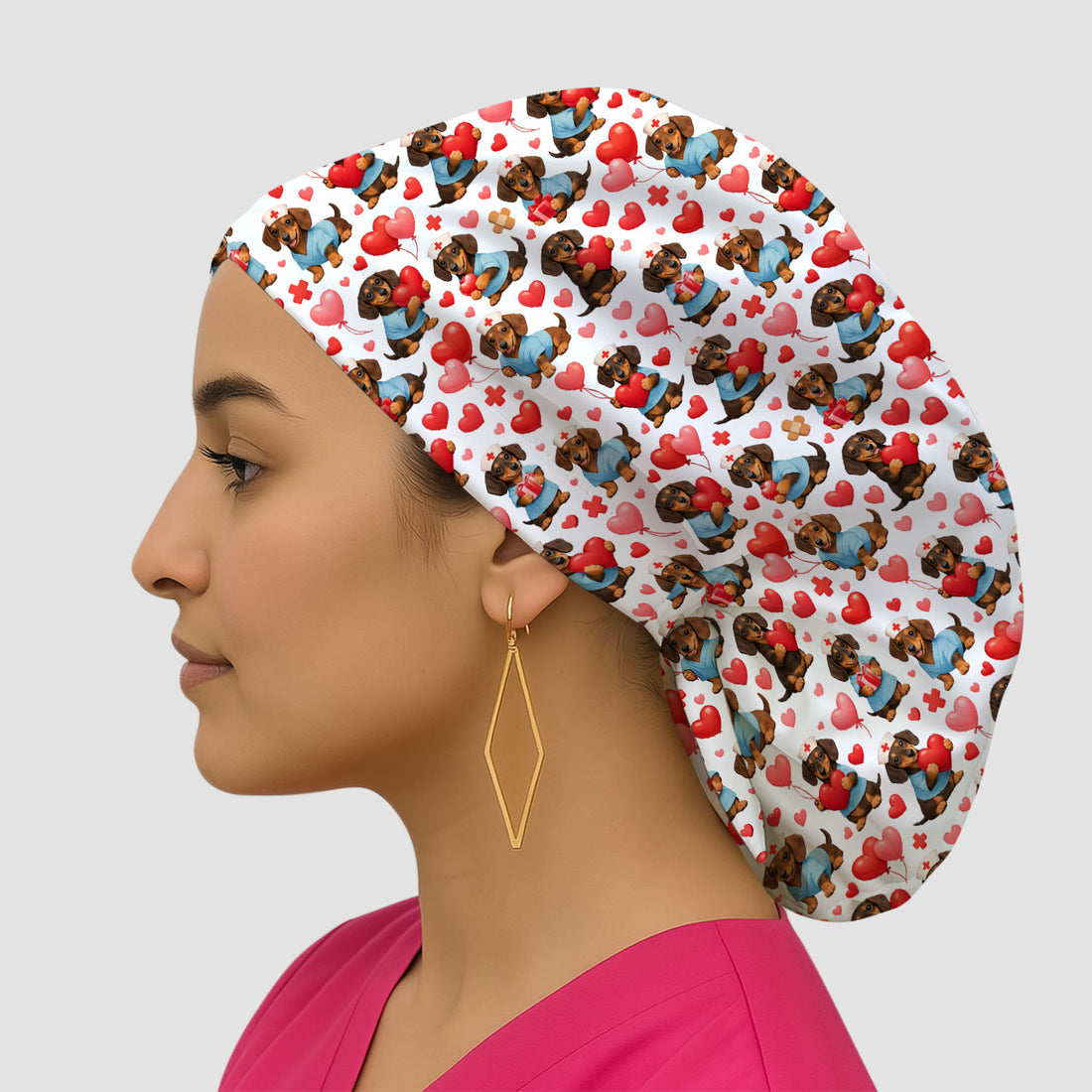 Dachshund Valentine Nurse Scrub Cap, Cute  Wiener Dog Medical Pattern Hat, Breathable Fabrics Nursing Uniform