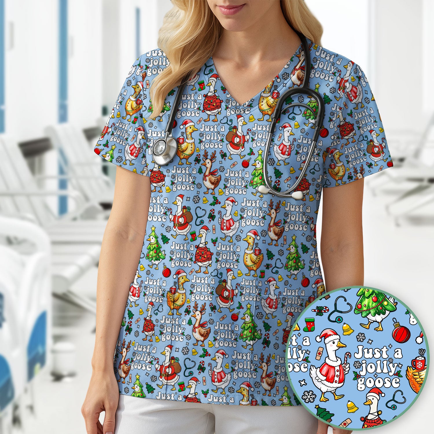 Christmas Goose Scrub Top for Nurse - Funny Jolly Holiday Medical Shirt for Women