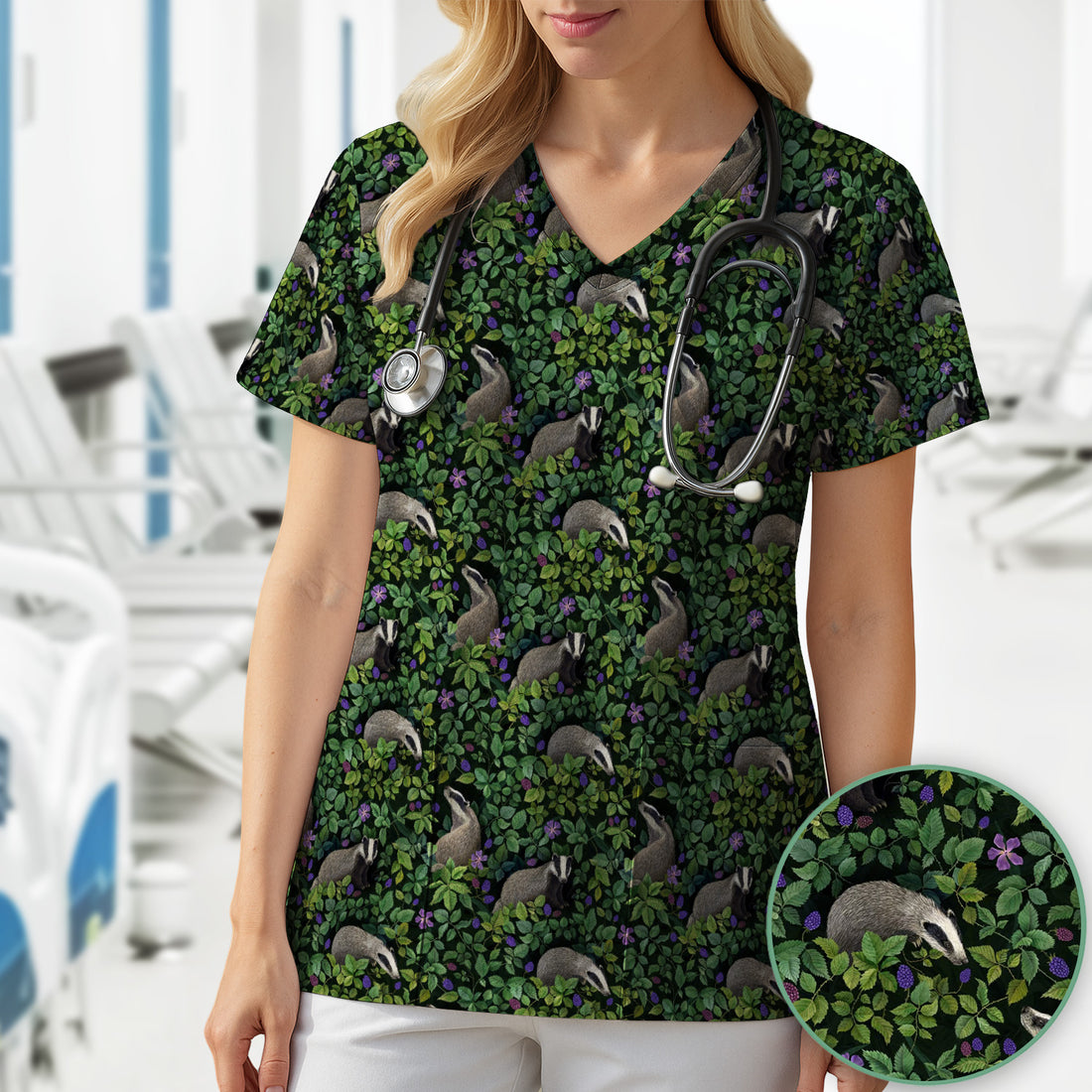 Woodland Badger Forest Pattern Scrub Top, Comfortable Scrubs for Nurses