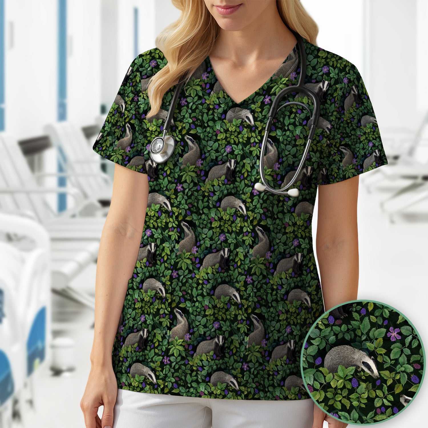 Woodland Badger Forest Pattern Scrub Top, Comfortable Scrubs for Nurses