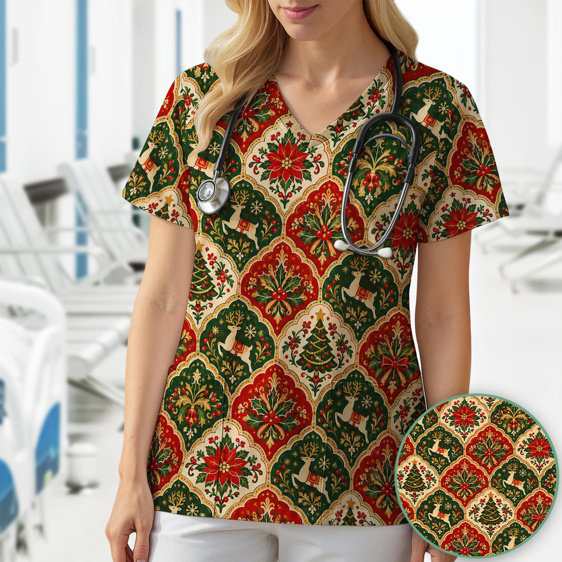 Vintage Christmas Reindeer Poinsettia Ornamental Scrub Top, Comfortable Scrubs for Nurses