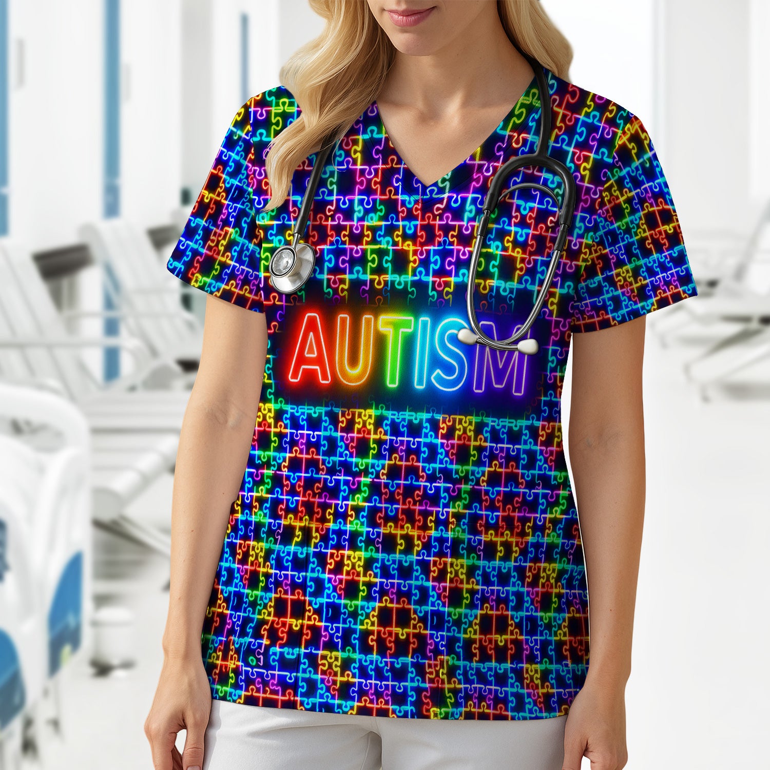 Autism Puzzle Neon Pattern Scrubs Top, Comfortable Scrubs for Nurses