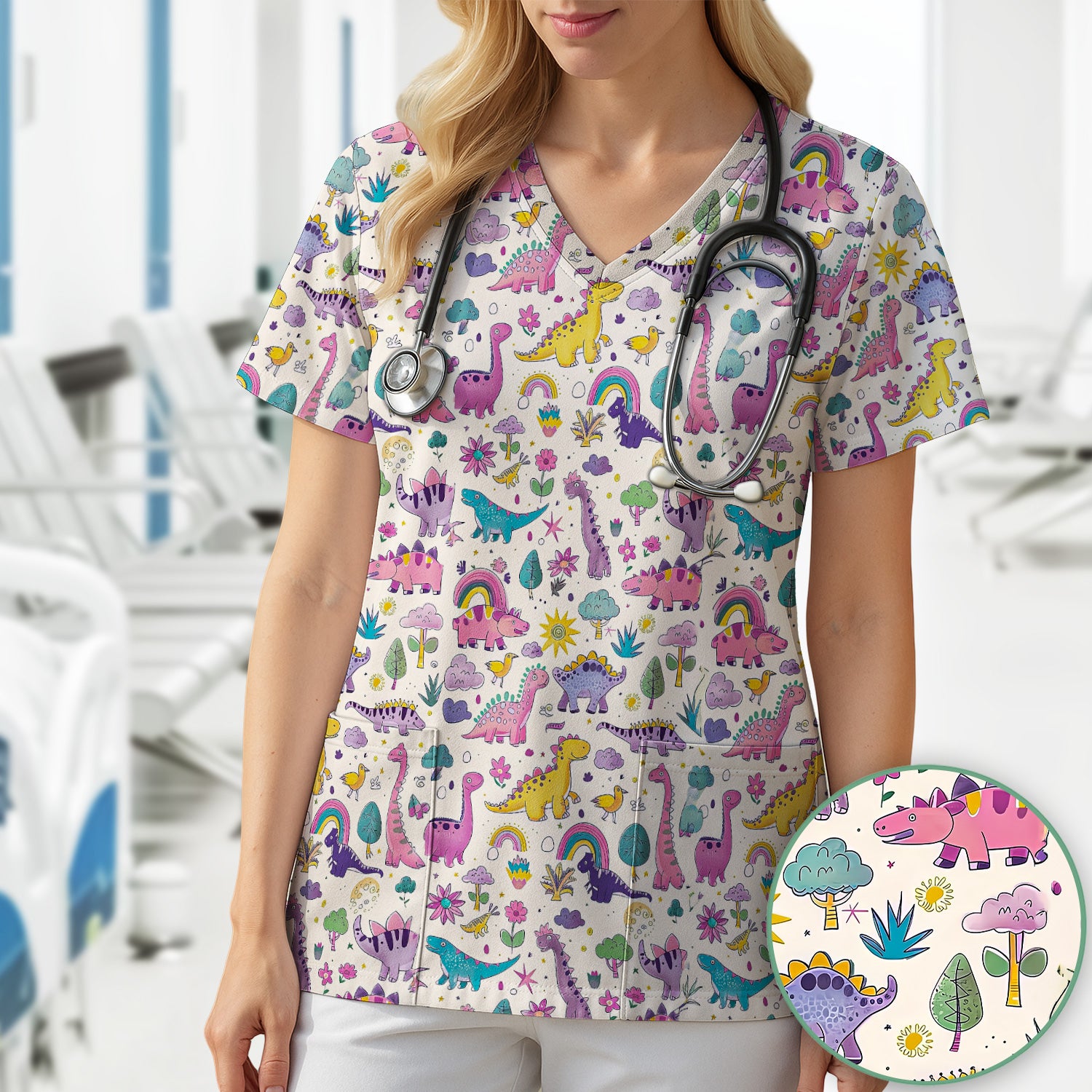 Cute Dinosaur Rainbow Pattern Scrub Top, Breathable Fabrics Nursing Uniform