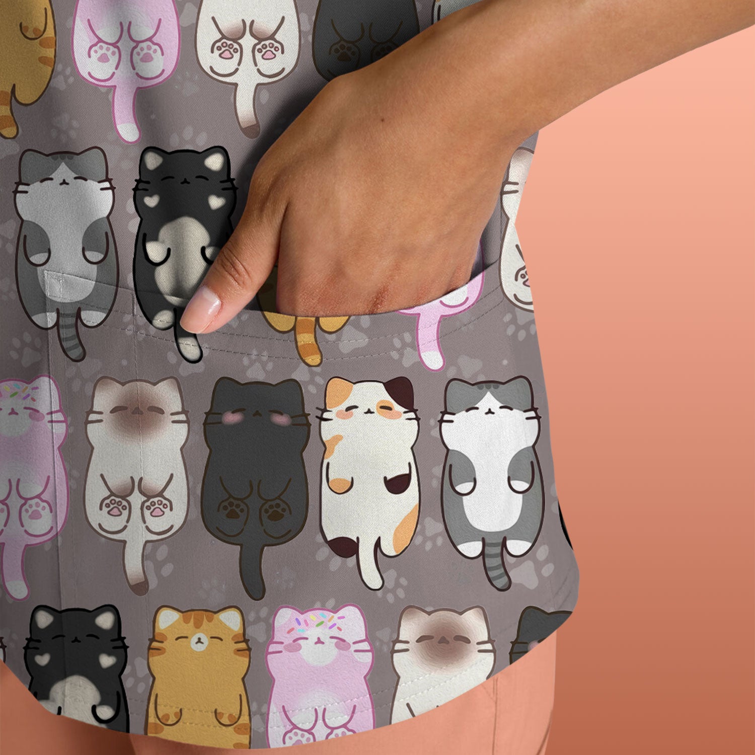 Funny Cartoon Cats All Over Print Scrubs Top, Comfortable Scrubs for Nurses