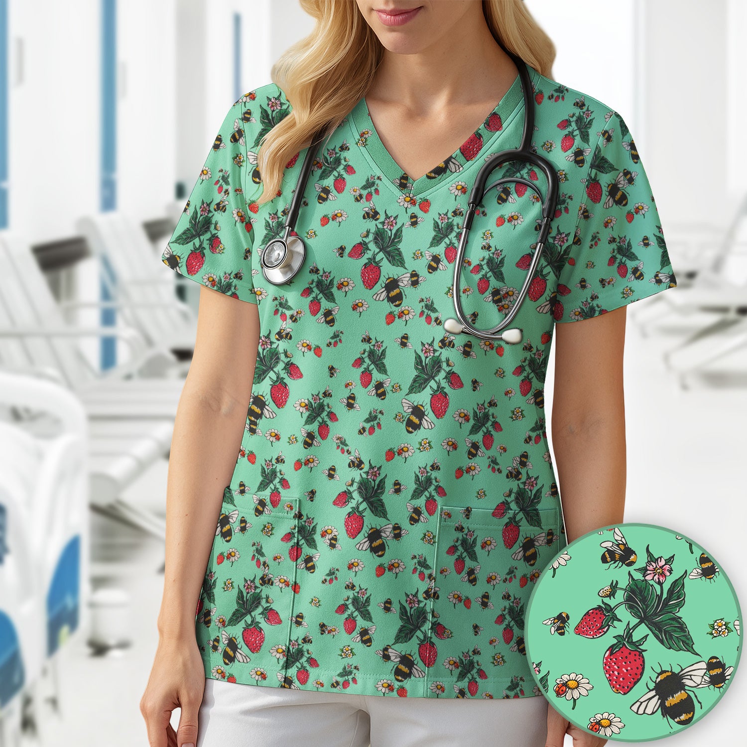 Cute Strawberry Bee Daisy Floral Pattern Scrub Top, Comfortable Scrubs for Nurses