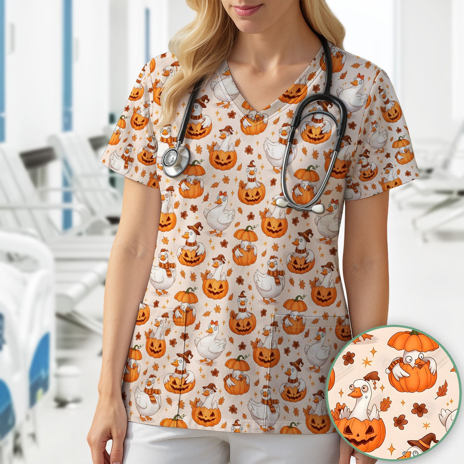 Cute Halloween Goose And Pumpkins Scrub Top, Comfortable Scrubs for Nurses