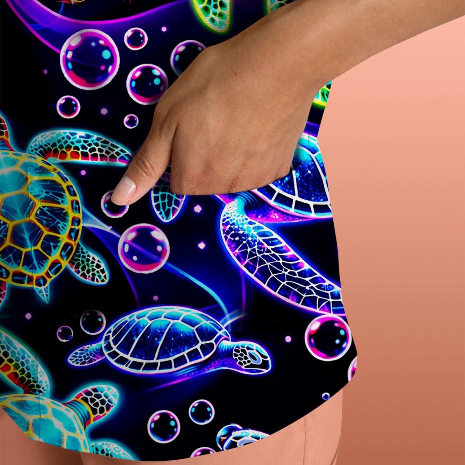 Neon Sea Turtle Swimming Bubble Ocean Scrub Top, Breathable Fabrics Nursing Uniform