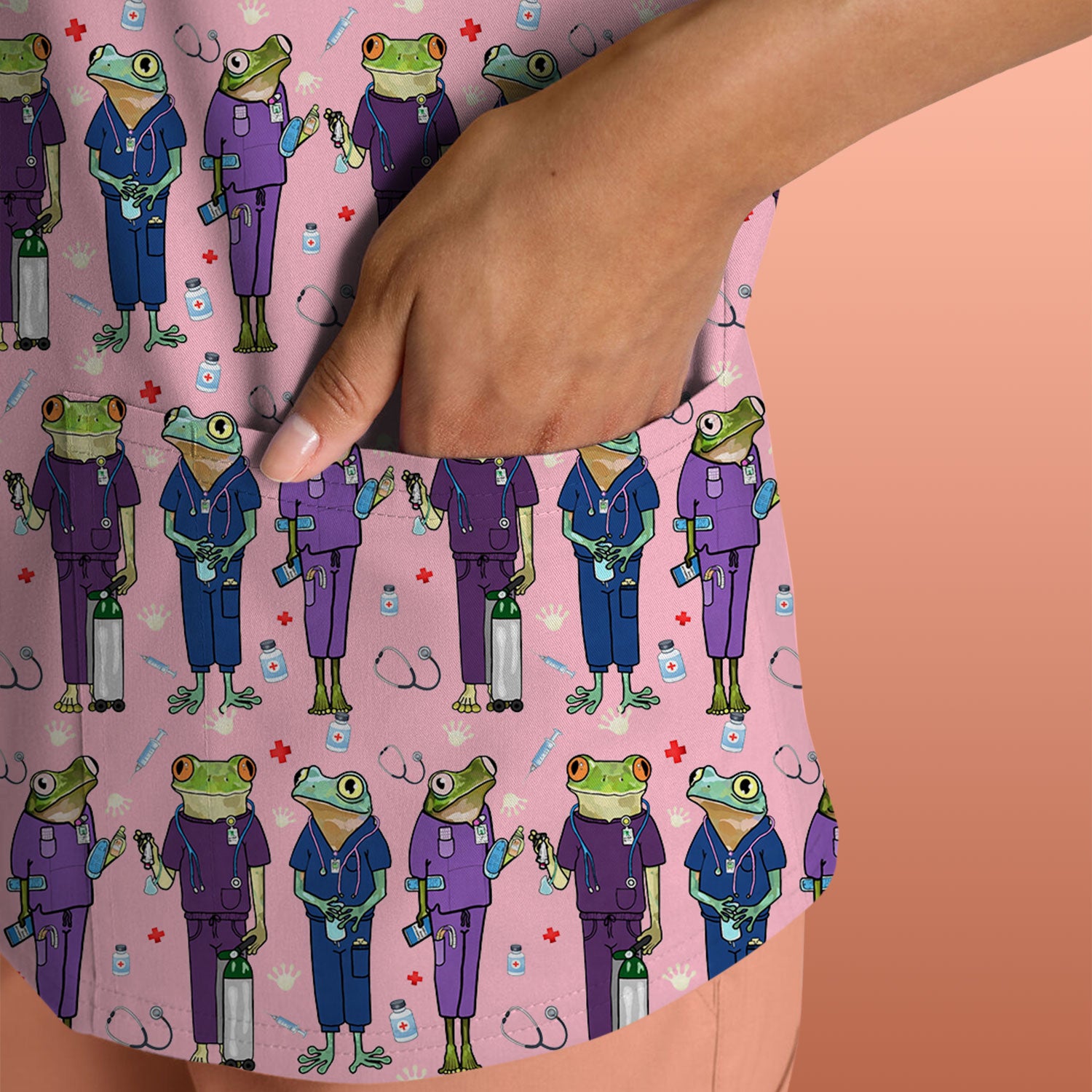 Funny Frog Nurse Pattern Scrub Top, Breathable Healthcare Uniform Top