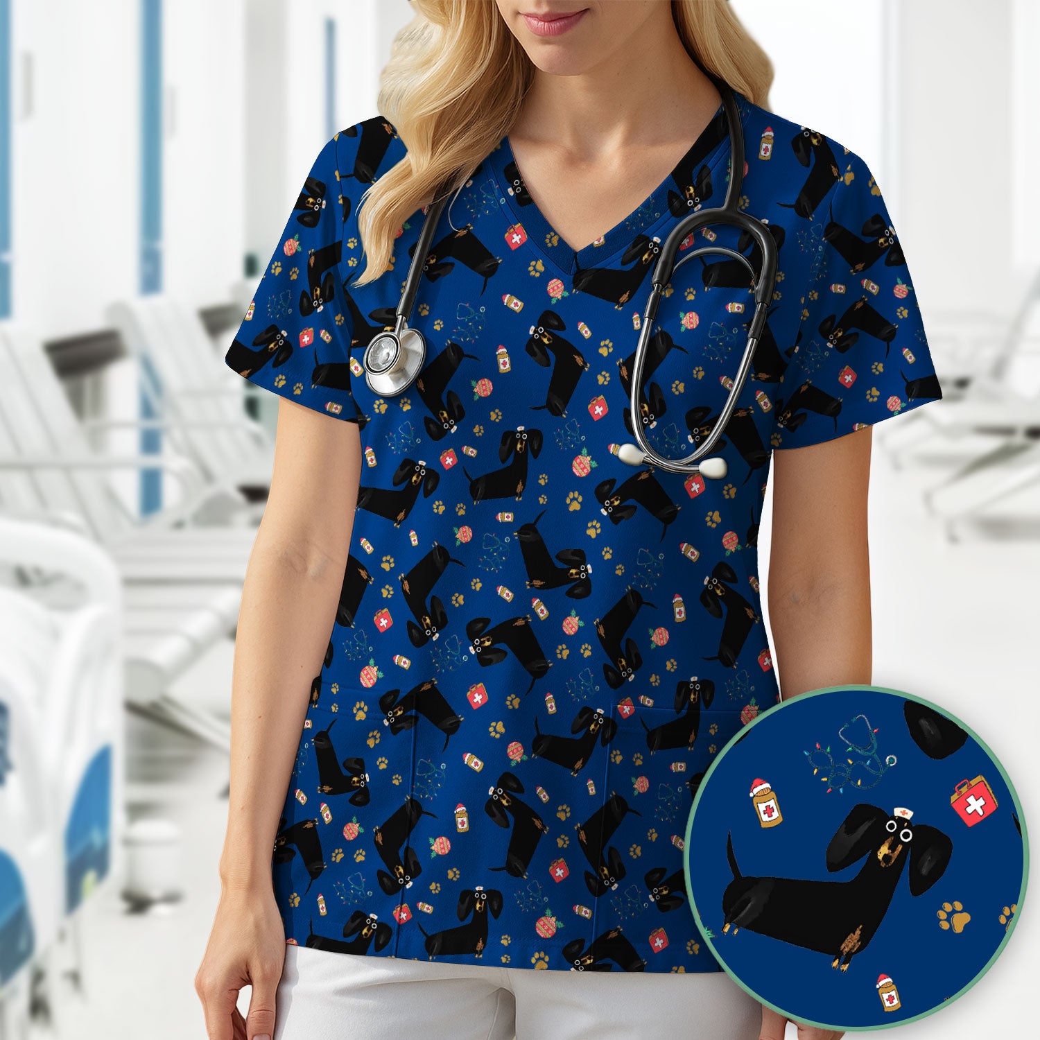 Funny Wiener Dog Scrub Top for Nurses - Cute Black Dachshund Medical Shirt - Dog Lover Nursing Uniform Gift for Women