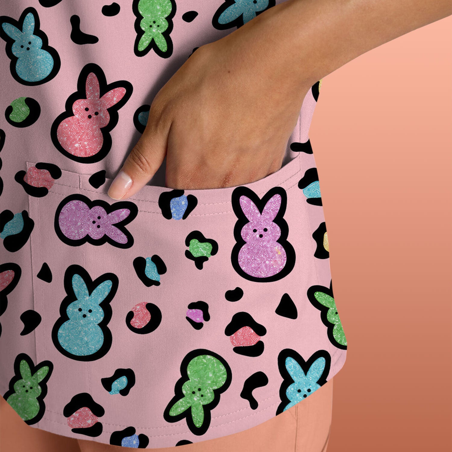 Cute Easter Bunny Pastel Pattern Scrub Top, Comfortable Scrubs for Nurses