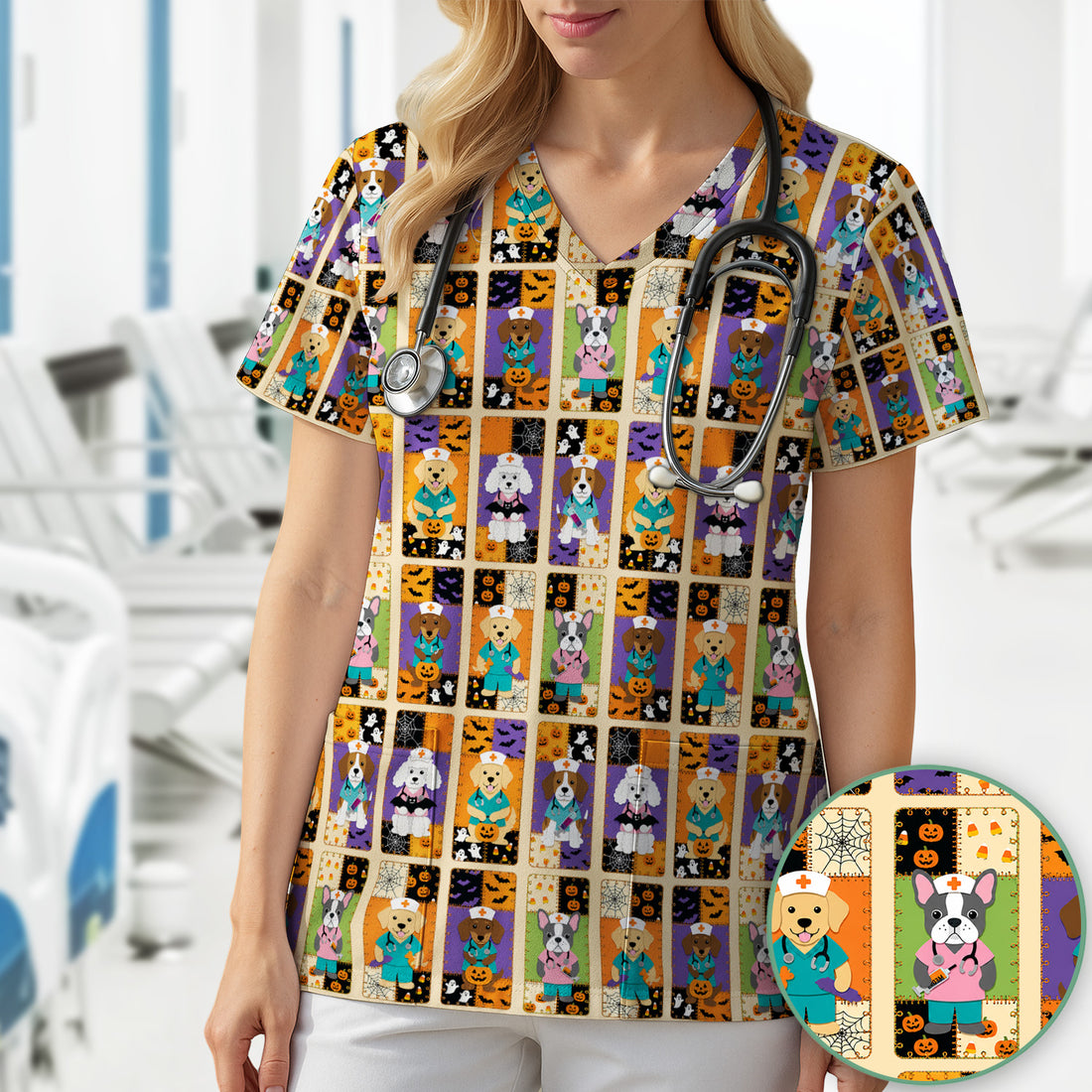 Spooky Halloween Dog Veterinary Scrub Top, Comfortable Scrubs for Nurses