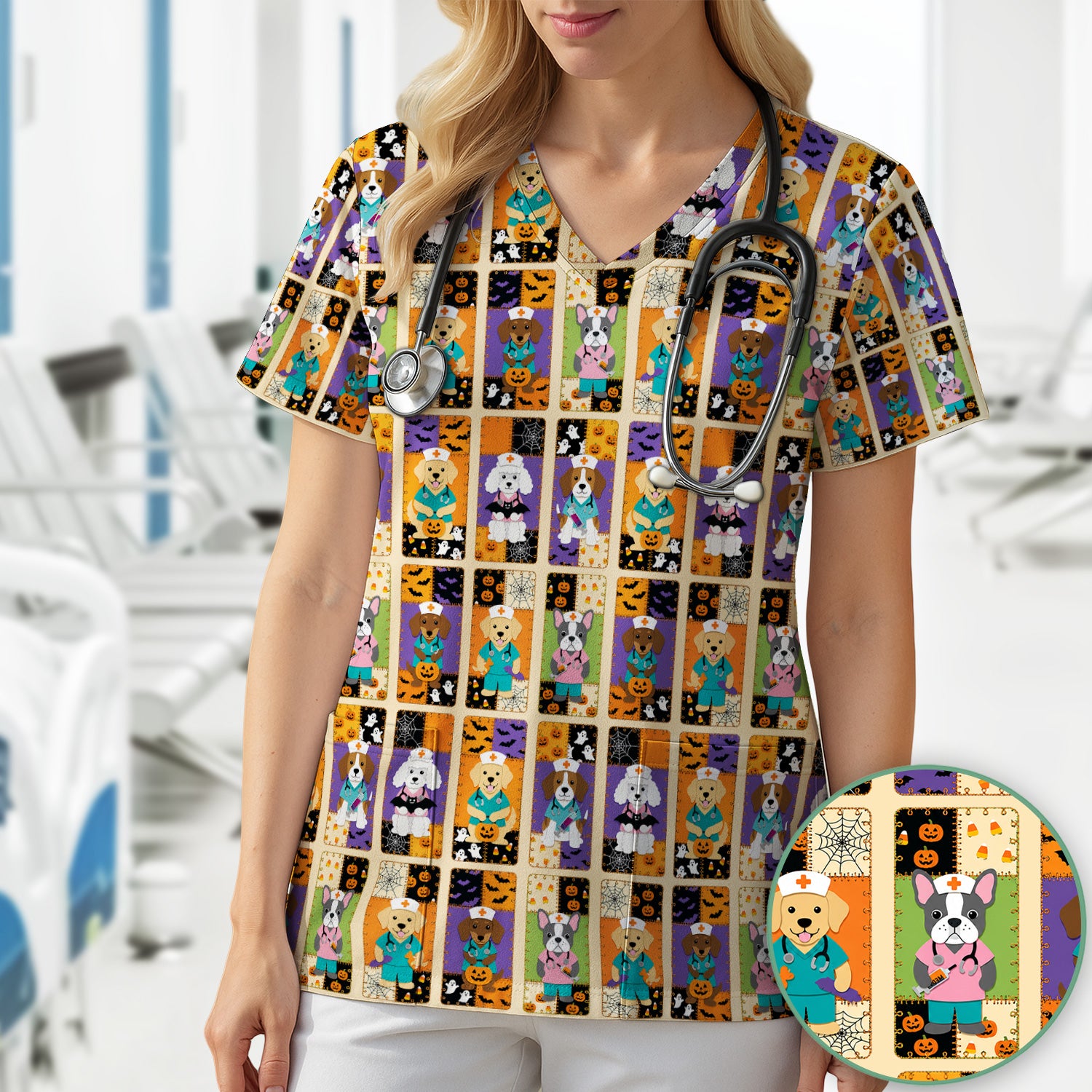 Spooky Halloween Dog Veterinary Scrub Top, Comfortable Scrubs for Nurses