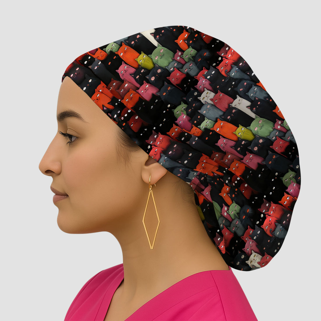 Cat Pattern Nurse Scrub Cap, Artistic Cat Nurses Hat For Women, Breathable Fabrics Nursing Uniform