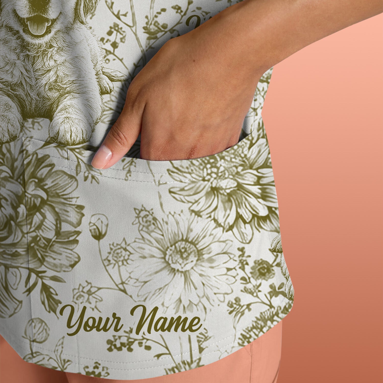 Personalized Custom Pet Photo Name Floral Pattern Scrub Top, Breathable Fabrics Nursing Uniform