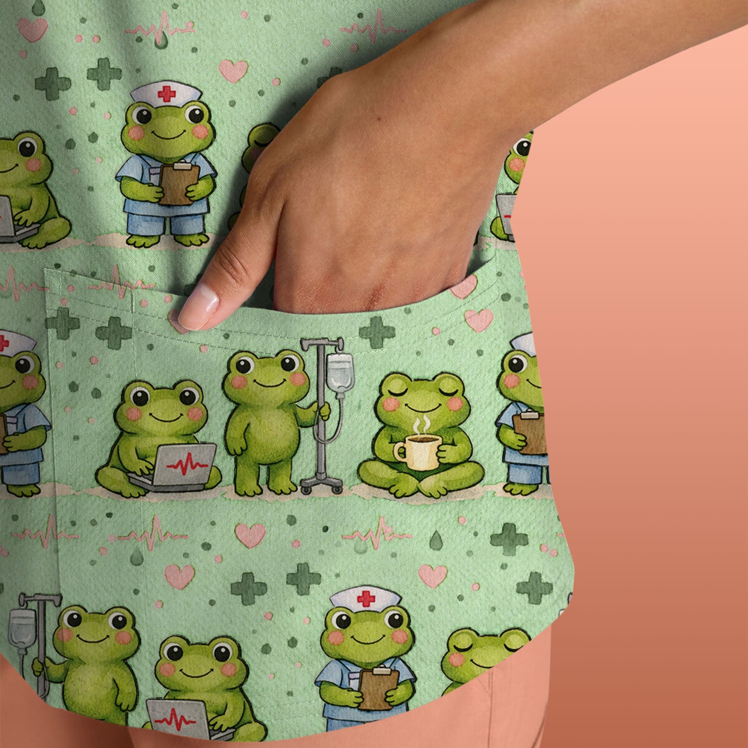 Adorable Frog Nurse Various Poses Print Scrub Top, Comfortable Scrubs for Nurses