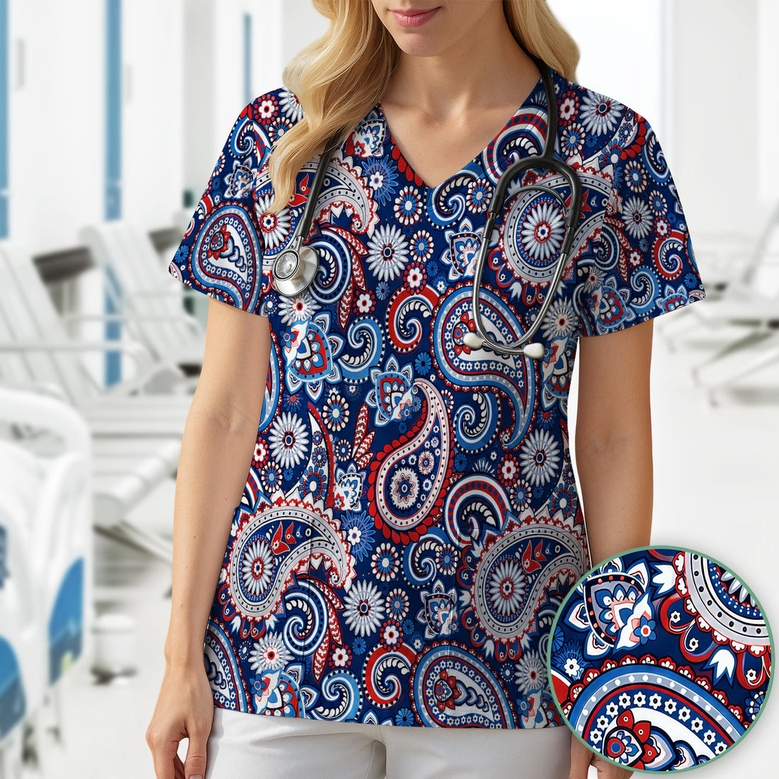 Patriotic Red White Blue Paisley Pattern Scrub Top, Comfortable Scrubs for Nurses