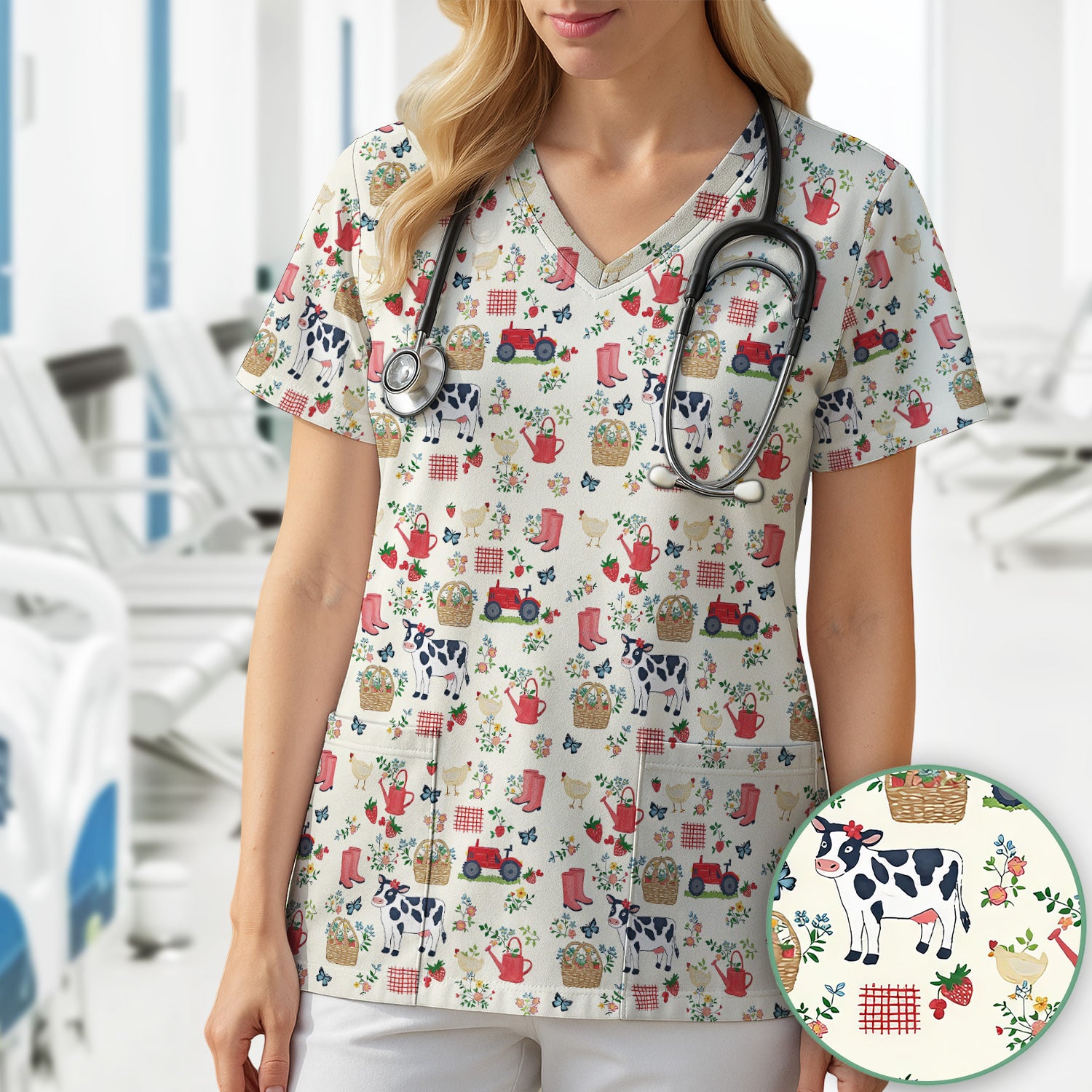 Cute Cow Chicken Farm Pattern Scrub Top, Breathable Fabrics Nursing Uniform