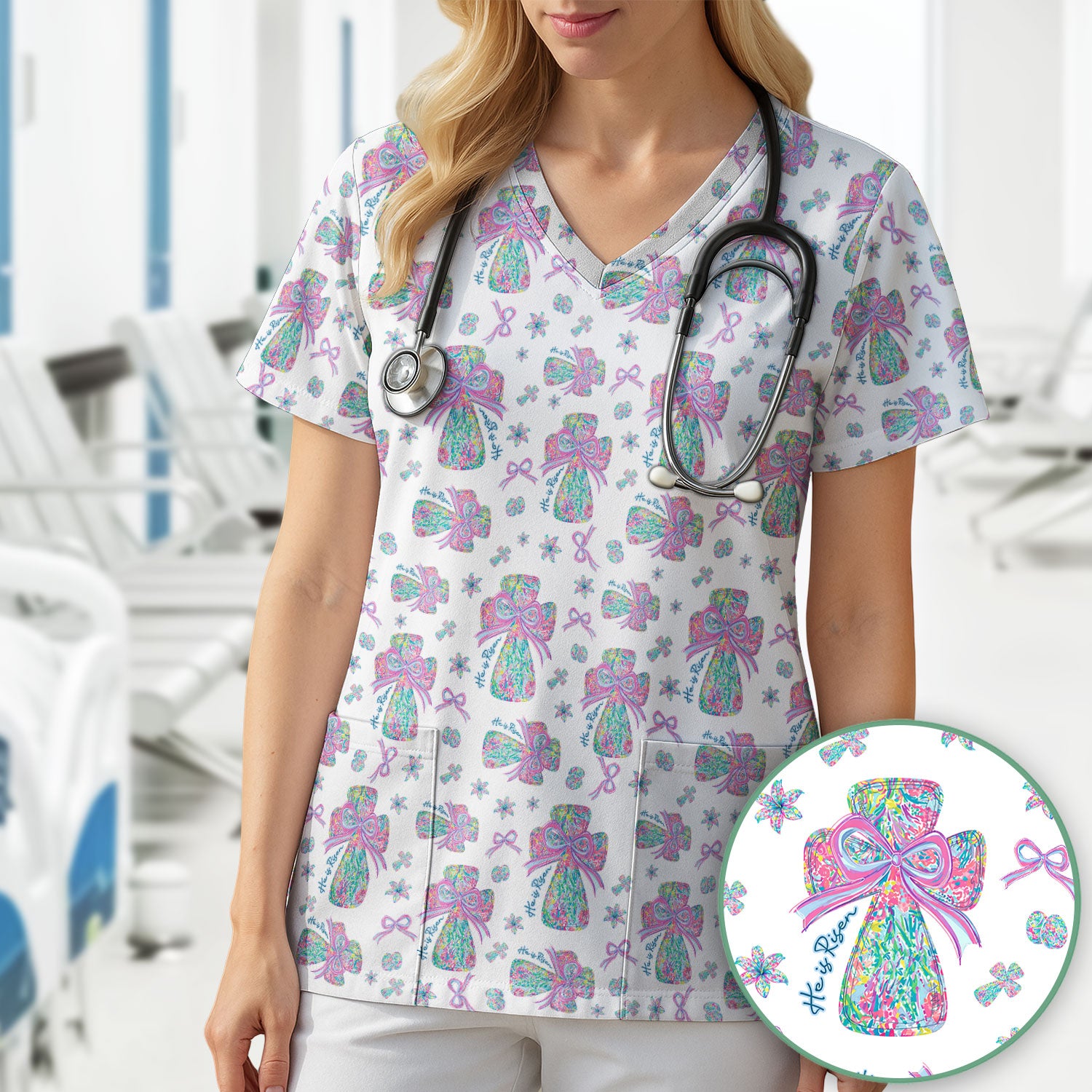 Colorful Bow Pattern Scrub Top, Breathable Fabrics Nursing Uniform
