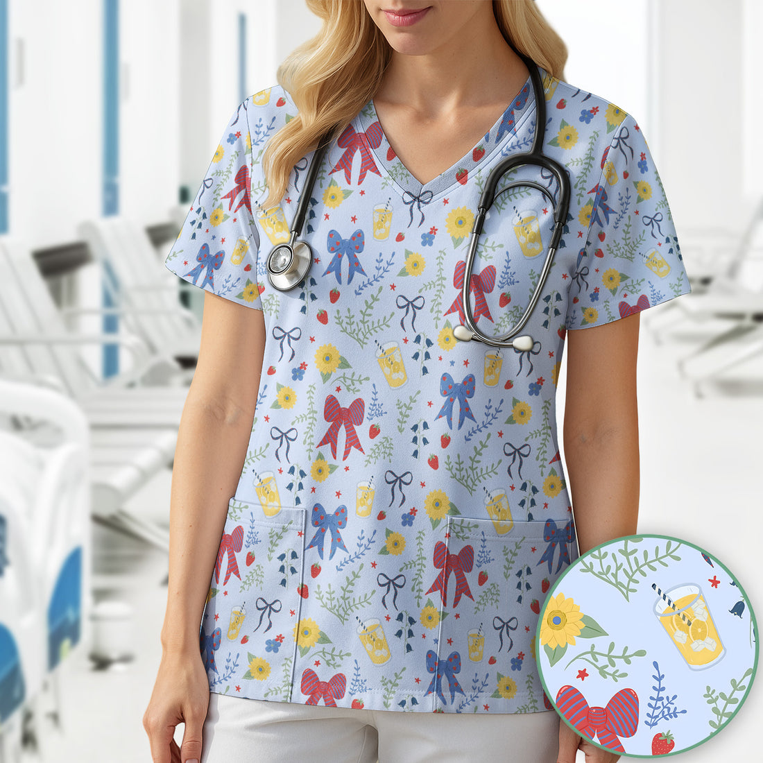 Sweet Summer Bow Nurse, Lemonade Floral Medical Scrub Top, Comfortable Scrubs for Nurses