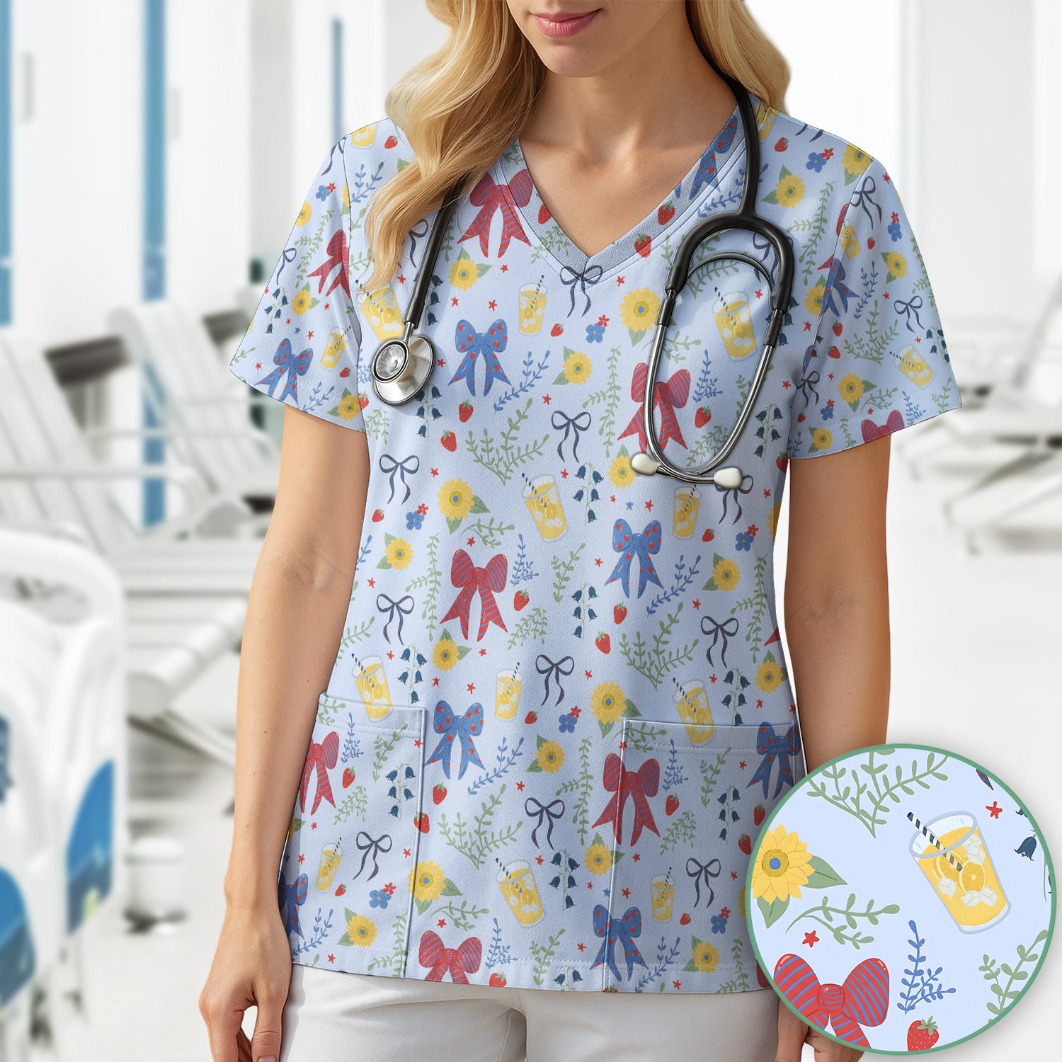 Sweet Summer Bow Nurse, Lemonade Floral Medical Scrub Top, Comfortable Scrubs for Nurses