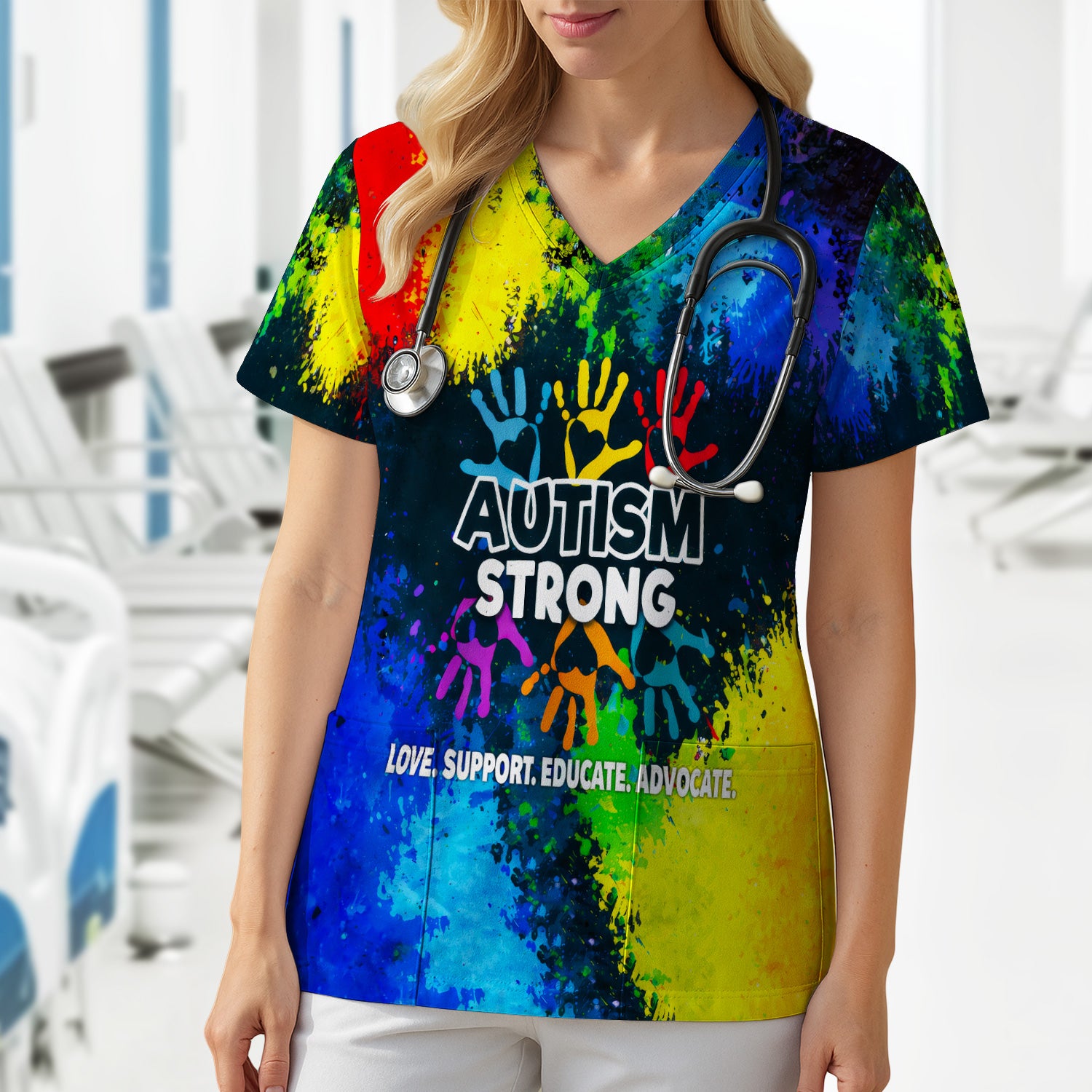 Autism Strong Colorful Handprint Scrub Top, Breathable Fabrics Nursing Uniform