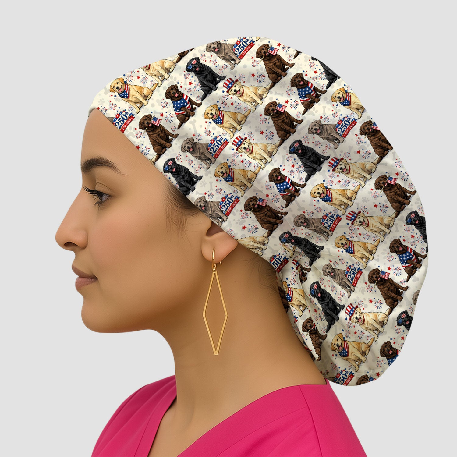 4th of July Labrador Dog Patriotic Print Cap, Bouffant Scrub Caps for Women