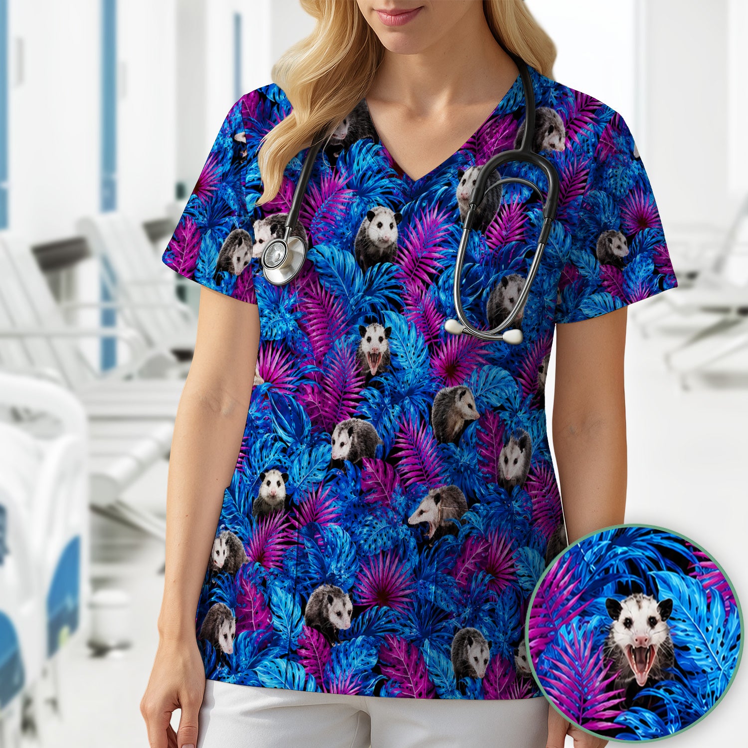Cute Opossum Tropical Print Scrub Top, Comfortable Scrubs for Nurses