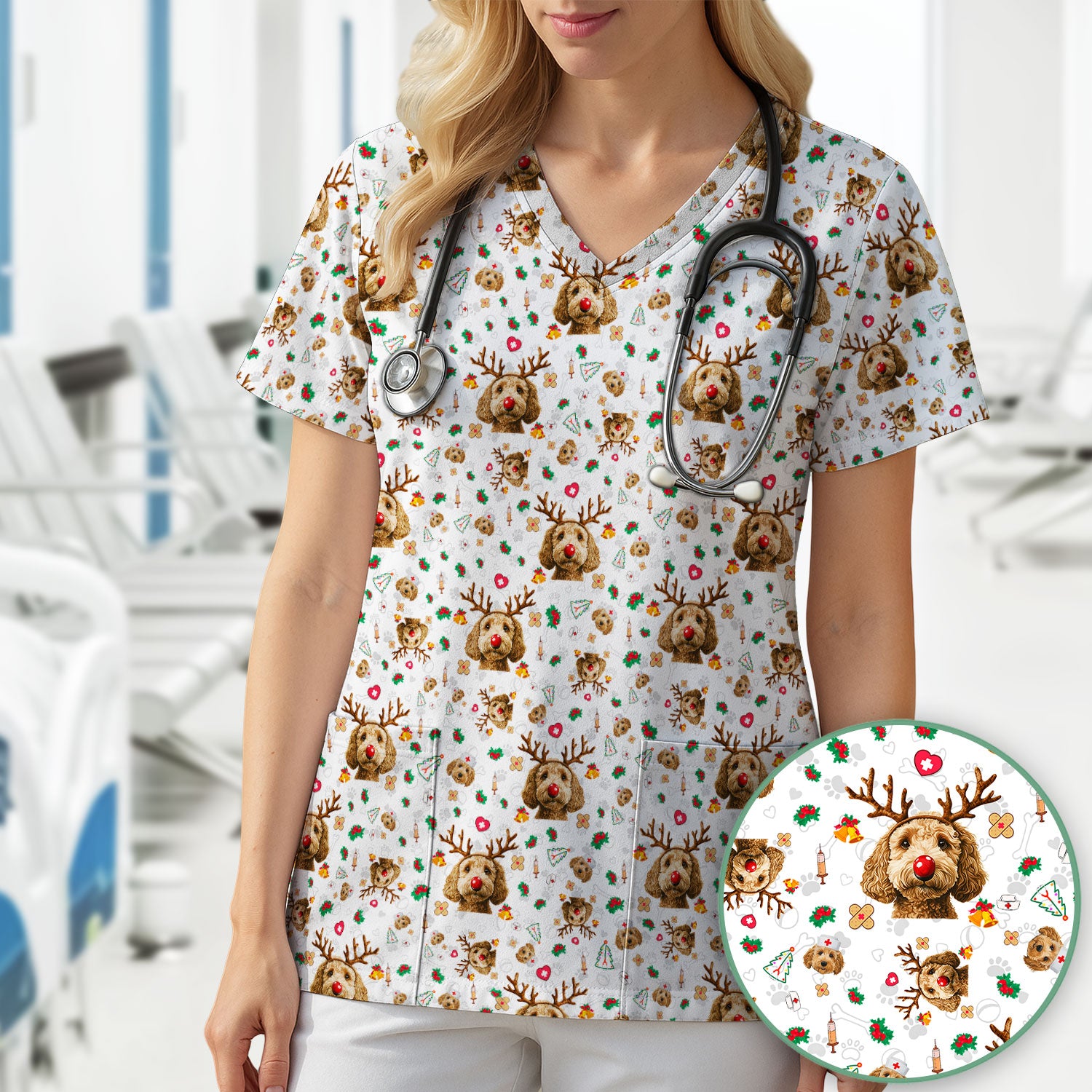 Christmas Labradoodle Scrub Top - Funny Reindeer Dog Nurse Shirt - Cute Holiday Medical Uniform for Women Healthcare Gift