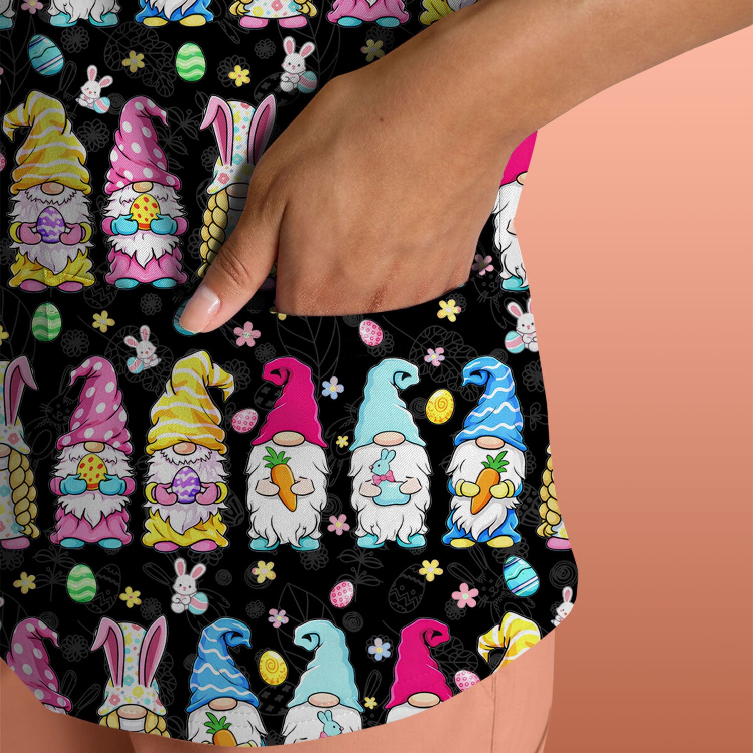 Colorful Easter Gnome Bunny Eggs Print Scrub Top, Comfortable Scrubs for Nurses