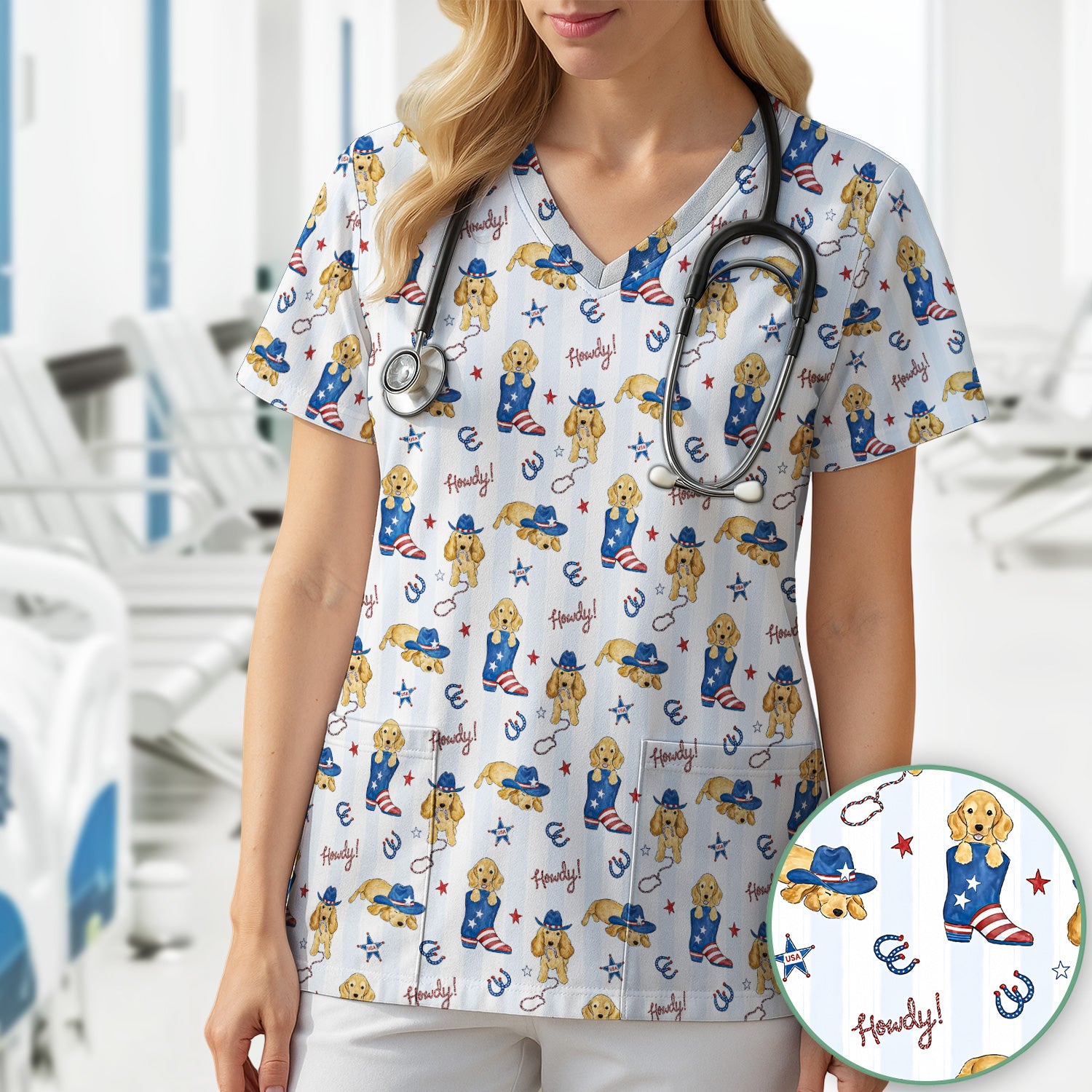 Patriotic Howdy Golden Dog Western Pattern Scrub Top, Comfortable Scrubs for Nurses