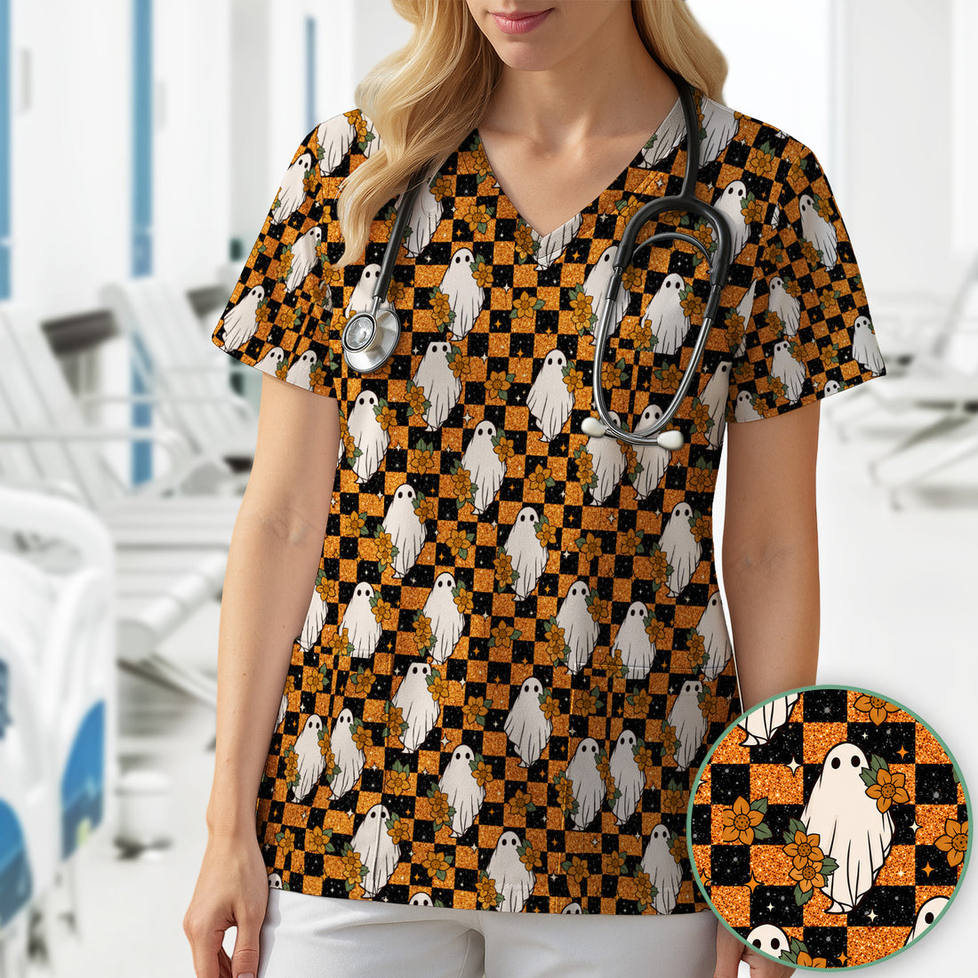 Spooky Halloween Ghost Checkerboard Scrub Top, Comfortable Scrubs for Nurses