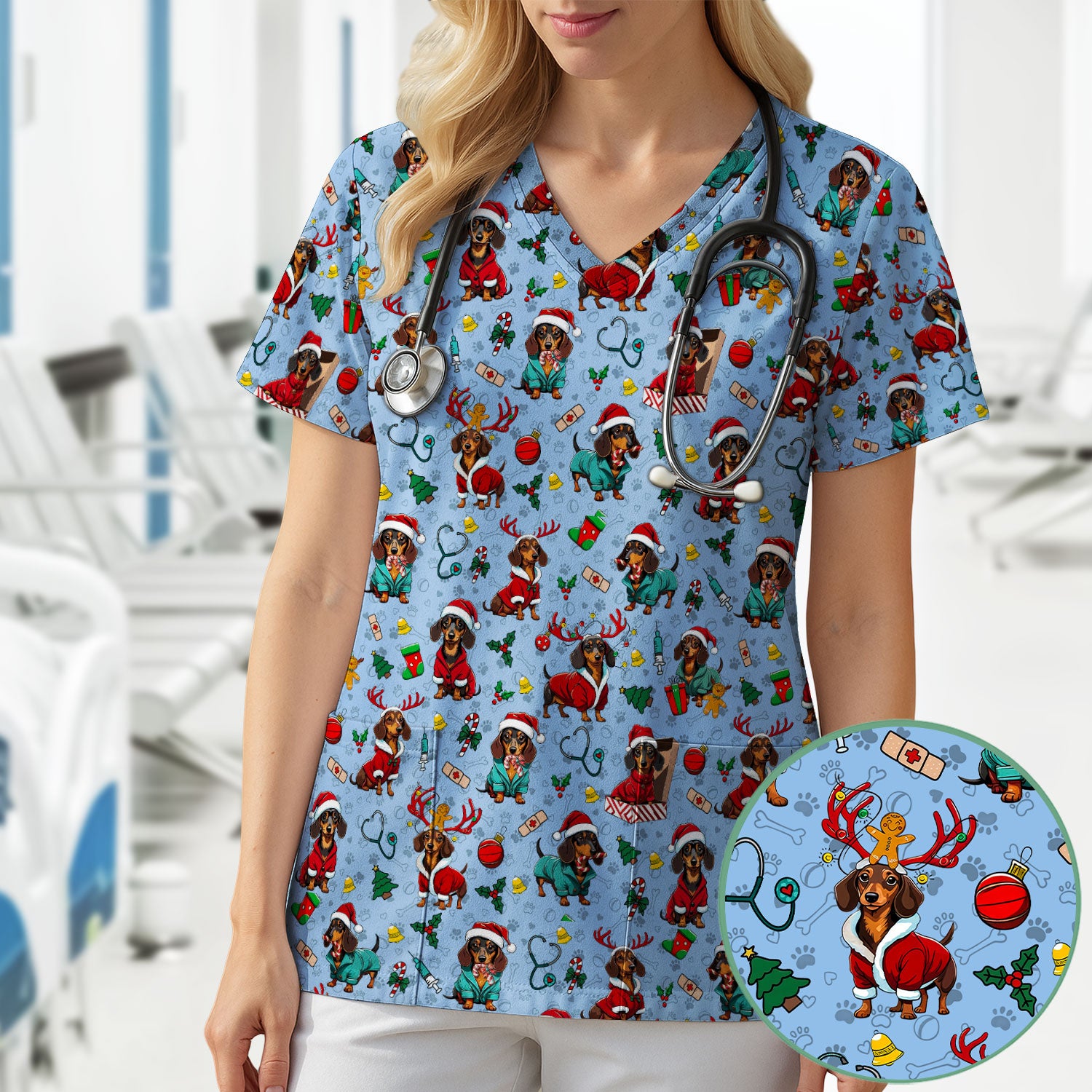 Christmas Dachshund Scrubs for Nurses - Cute Sausage Dog Holiday Scrub Top - Funny Reindeer & Santa Medical Shirt for Women