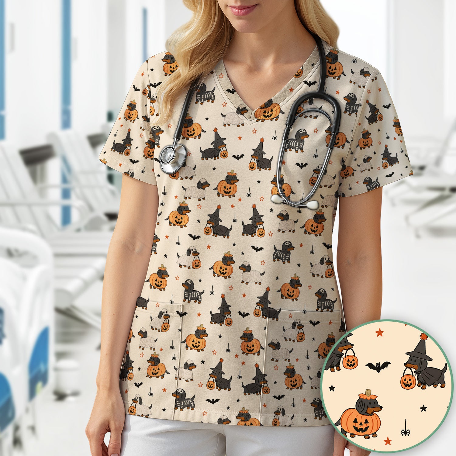 Halloween Dachshund Pattern Scrub Top, Comfortable Scrubs for Nurses
