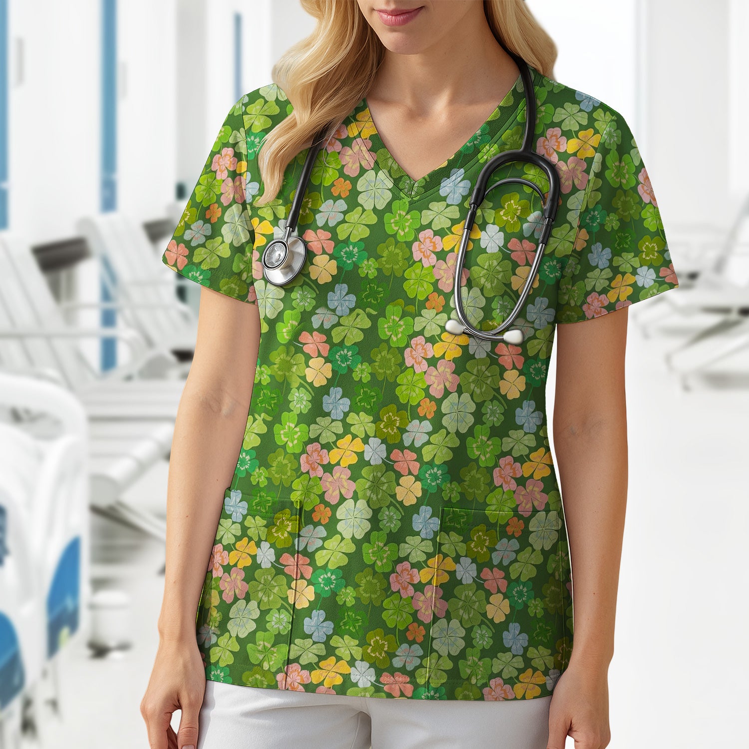 Colorful Shamrock Clover Pattern Scrubs Top, Comfortable Scrubs for Nurses