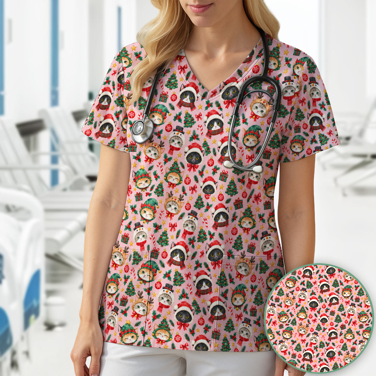 Christmas Cats And Trees Pattern Scrub Top, Comfortable Scrubs for Nurses