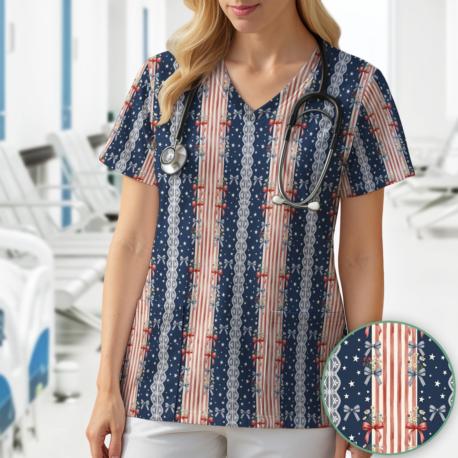 Patriotic Bow Lace Stripe Pattern Scrub Top, Comfortable Scrubs for Nurses