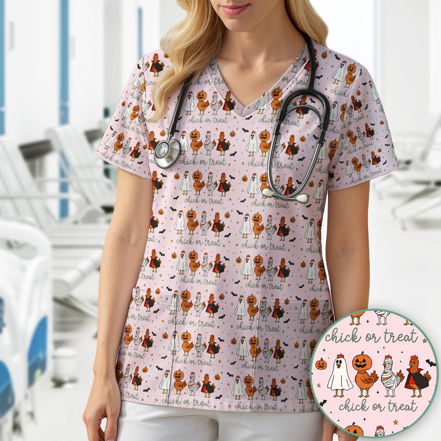 Funny Chick Or Treat Season Scrub Top, Comfortable Scrubs for Nurses