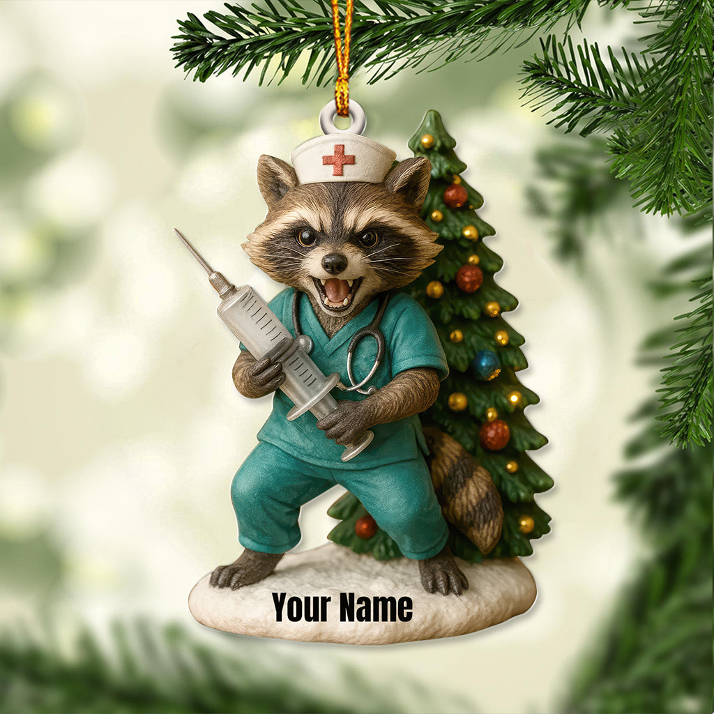 Personalized Nurse Raccoon Christmas Ornament, Custom Name Medical Holiday Decor, Funny Healthcare Worker Xmas Gift