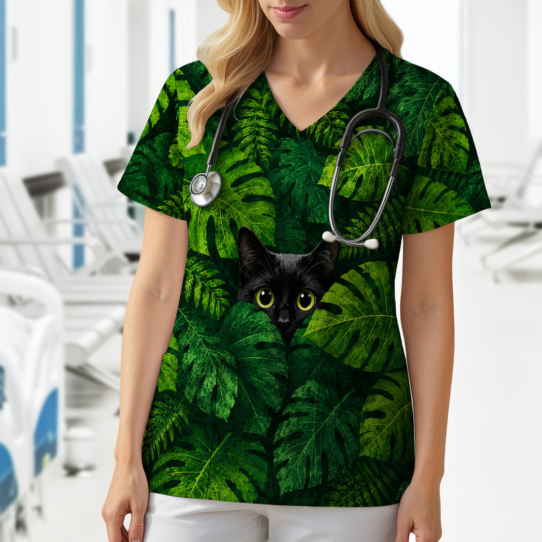 Cute Hidden Black Cat Pattern Scrub Top, Comfortable Scrubs for Nurses
