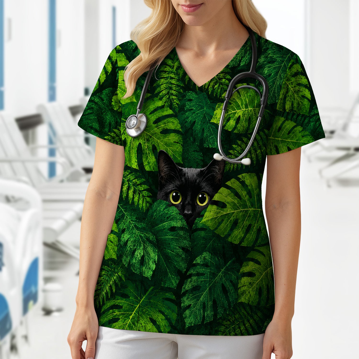 Cute Hidden Black Cat Pattern Scrub Top, Comfortable Scrubs for Nurses